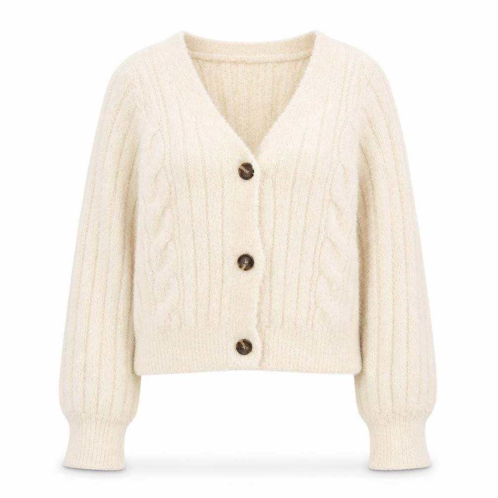 Front view of Ruby Moon Women’s Ivory Cable-Knit Button Cardigan, size S