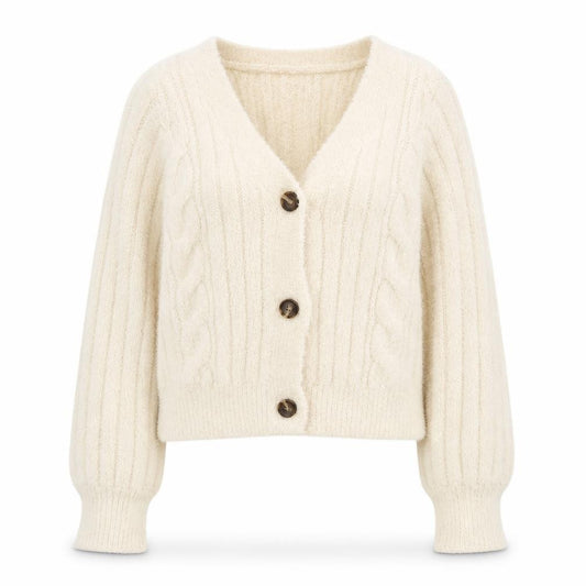 Front view of Ruby Moon Women’s Ivory Cable-Knit Button Cardigan, size S