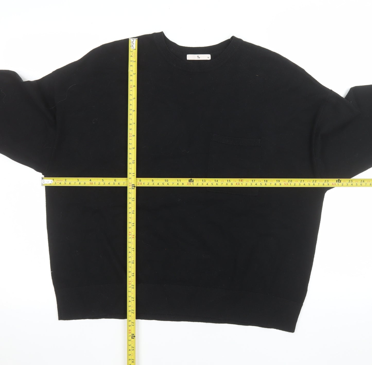Tu Women Black Long Sleeve Crew Neck Pullover Jumper Size 16
