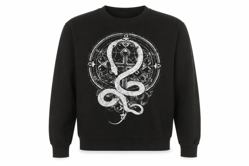 Front view of Gametee Men's Black Medium Gothic Snake Graphic Pullover Sweatshirt