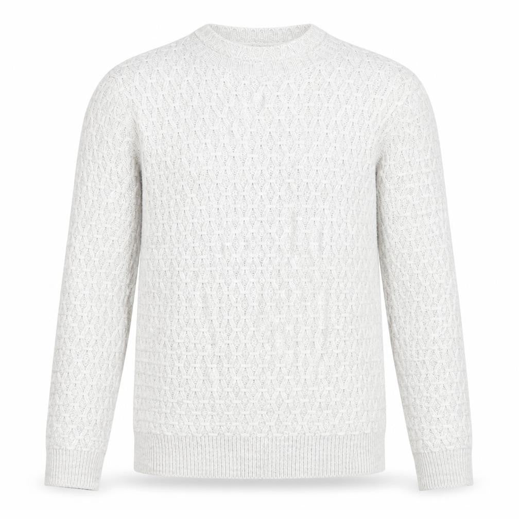 Front view of Clayton Men's Grey Cable Knit jumper, size S