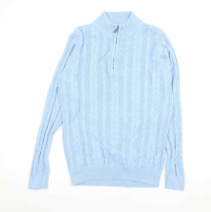 Cotton Traders Women Blue 1/4 Zip Cable-Knit Jumper Size S