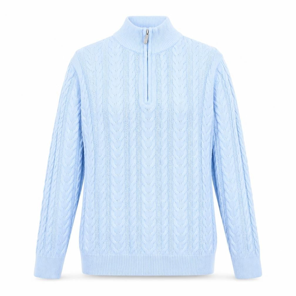 Front view of Cotton Traders Women Blue 1/4 Zip Cable-Knit Jumper, size S