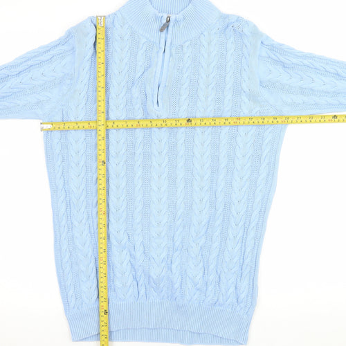 Cotton Traders Women Blue 1/4 Zip Cable-Knit Jumper Size S