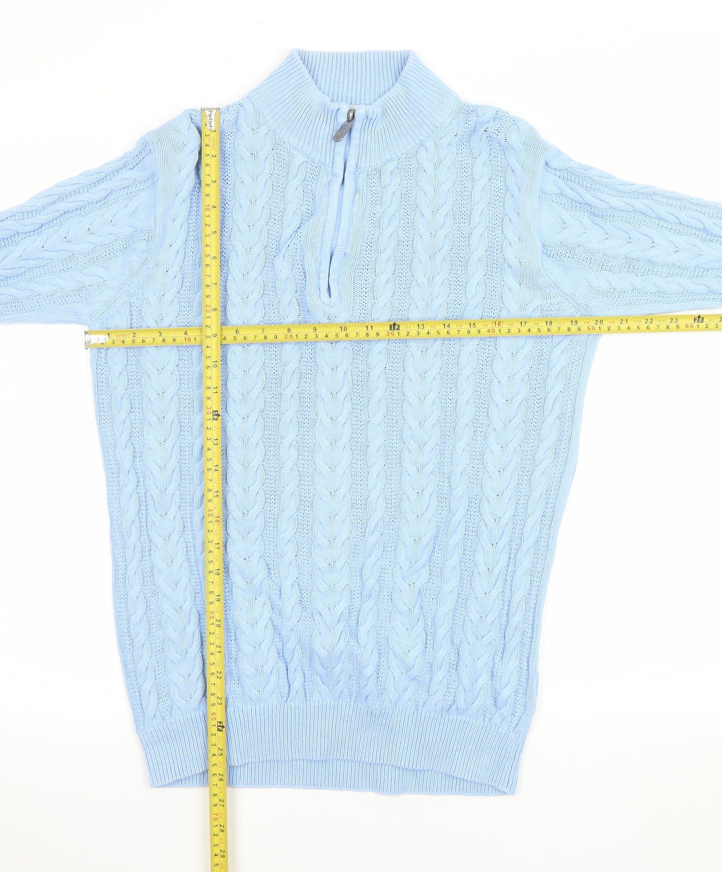Cotton Traders Women Blue 1/4 Zip Cable-Knit Jumper Size S