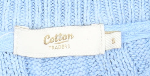 Cotton Traders Women Blue 1/4 Zip Cable-Knit Jumper Size S