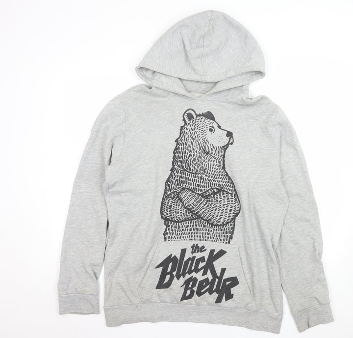 Bershka Mens Grey Graphic 'The Black Bear' Pullover Hoodie Size L