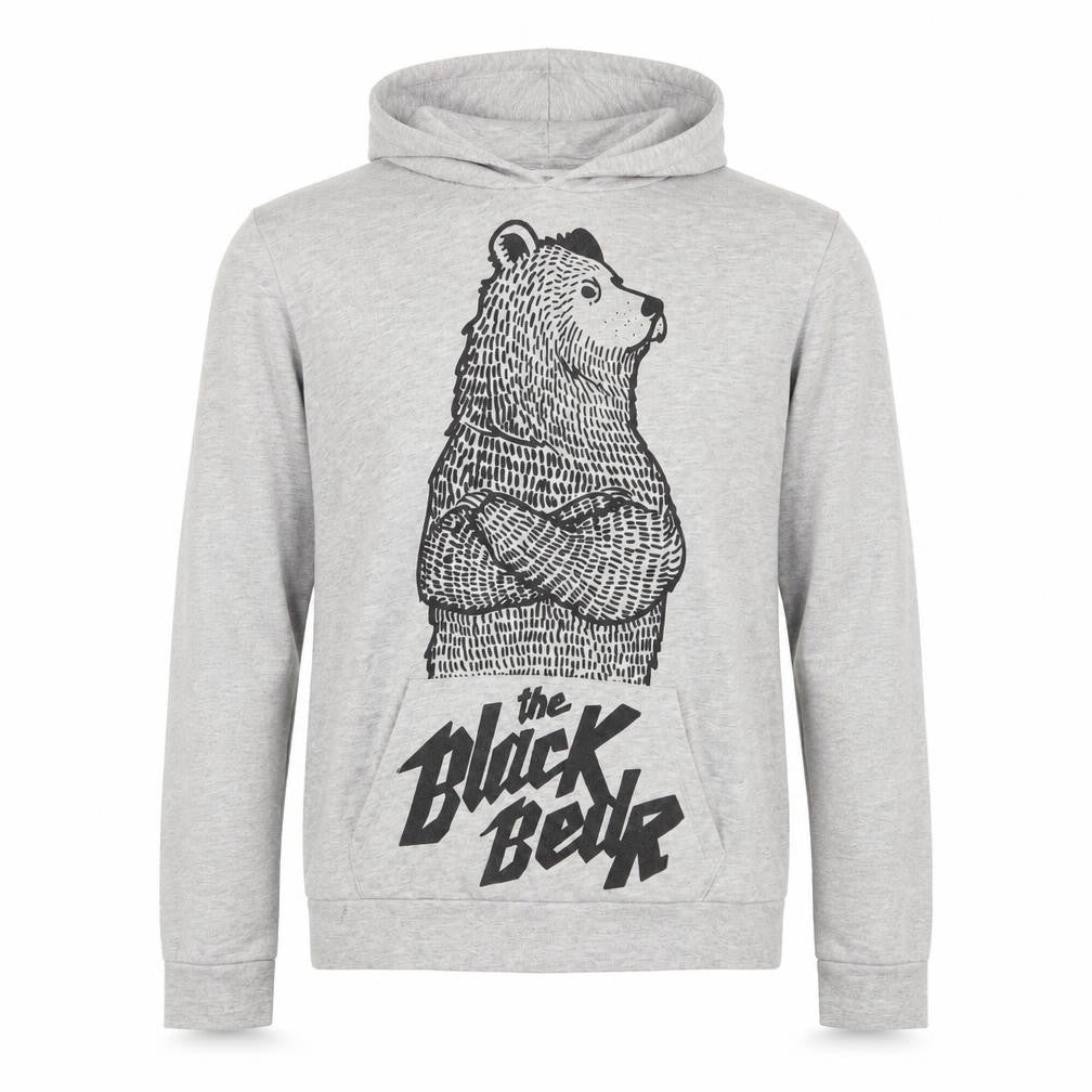 Front view of Bershka men’s grey graphic 'the black bear' pullover hoodie, size L