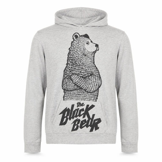 Front view of Bershka men’s grey graphic 'the black bear' pullover hoodie, size L