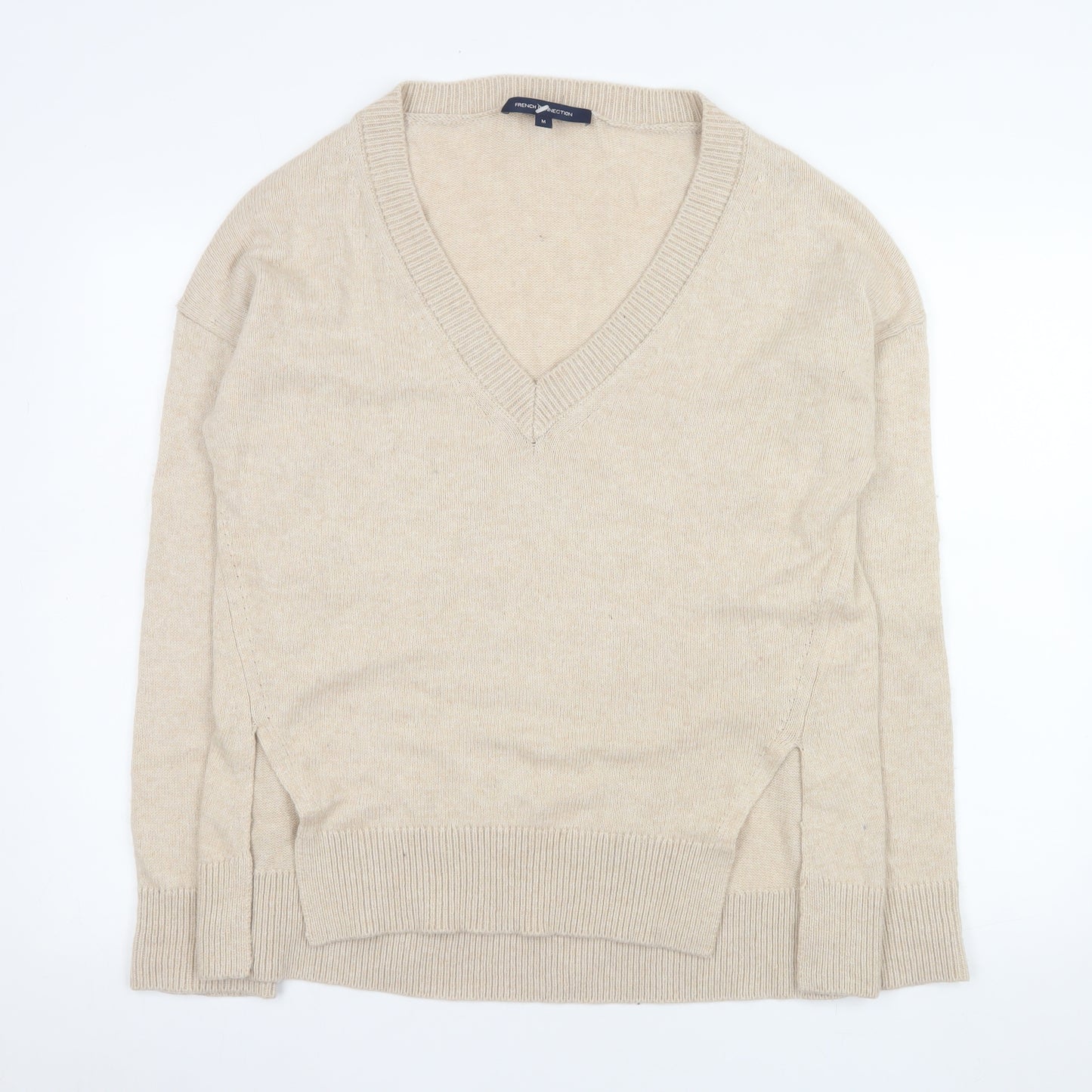 French Connection Men's Beige V-Neck Wool Blend Jumper Size M