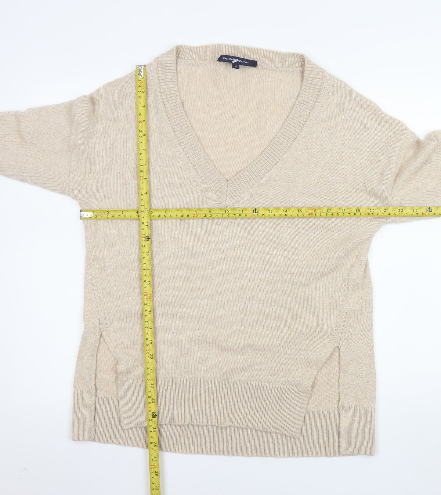 French Connection Men's Beige V-Neck Wool Blend Jumper Size M