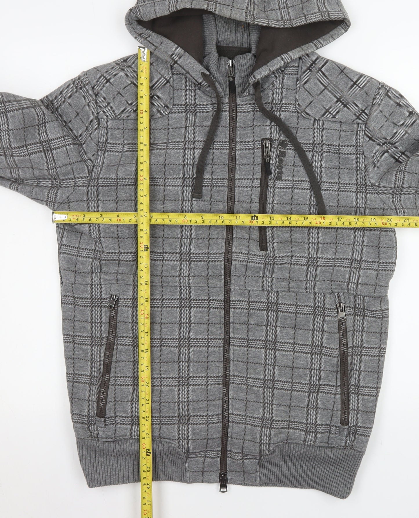 Roots Men's Grey Check Hooded Full Zip Jacket Size M