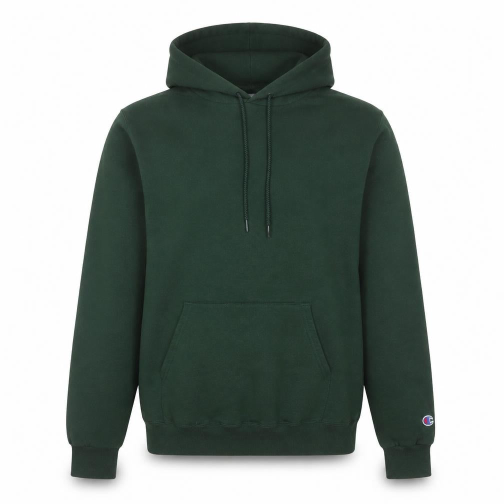 Front view of Champion Men’s Green Pullover Hoodie, size S, Regular Fit