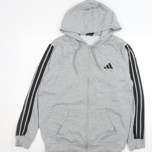 Adidas Men Grey Full Zip Hooded Jacket M Basic Sportswear