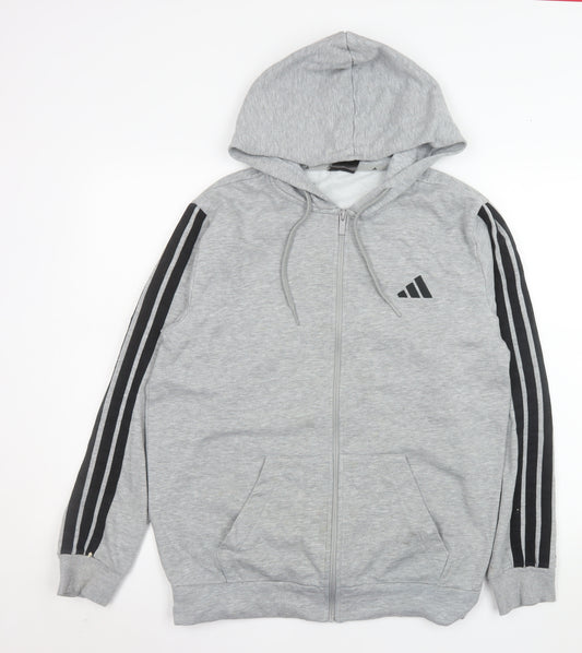 Adidas Men Grey Full Zip Hooded Jacket M Basic Sportswear