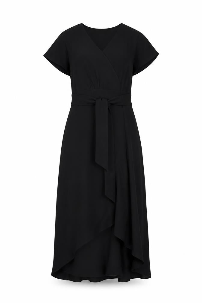Front view of Concert Wardrobe Women's Black Midi Wrap Dress, size M