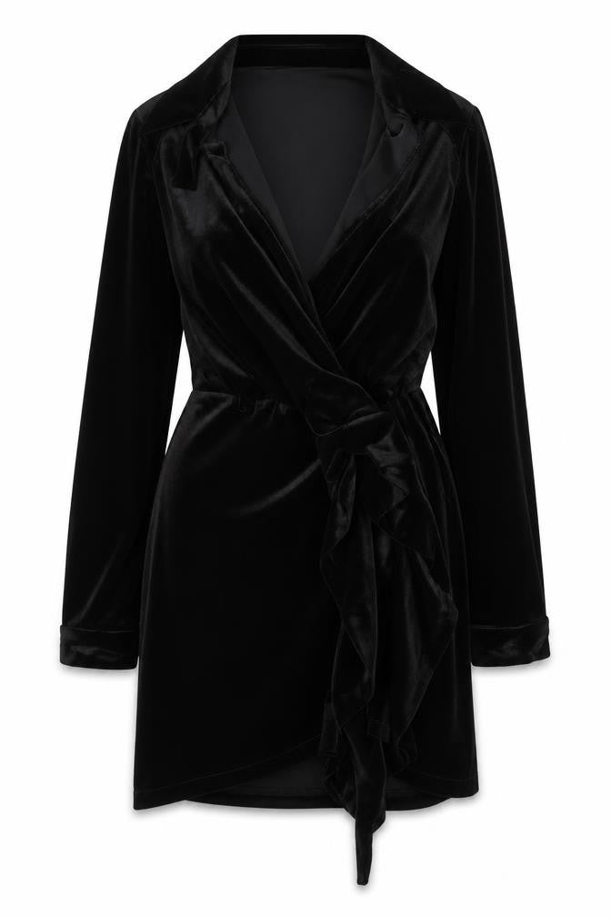 Motel Women’s Black Velvet Wrap Dress Size 10 Long Sleeve Party