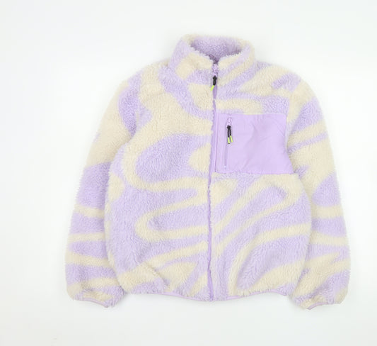 H&M Girls Purple Fleece Full Zip Jacket 11-12 Years Animal Print Mid-Length