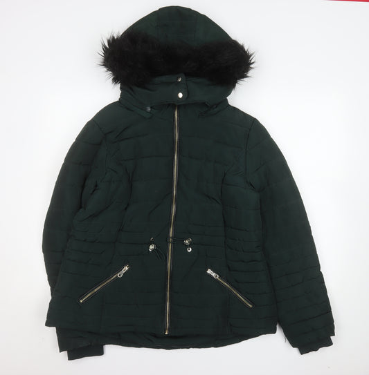 F&F Women’s Green Hooded Puffer Jacket Coat UK 18 Faux Fur Trim Zip Pockets