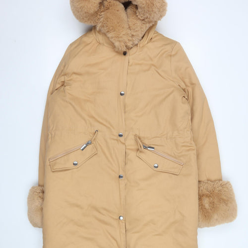 Boohoo Women’s Beige Faux Fur Trim Hooded Parka Coat Size M