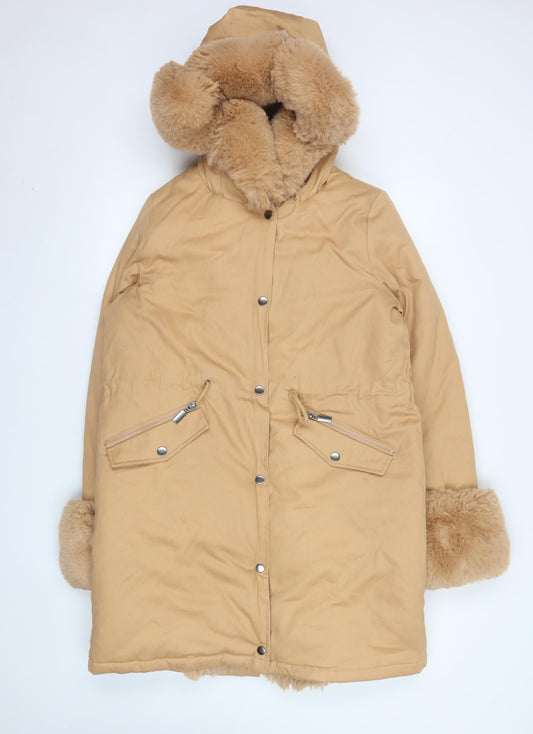 Boohoo Women’s Beige Faux Fur Trim Hooded Parka Coat Size M
