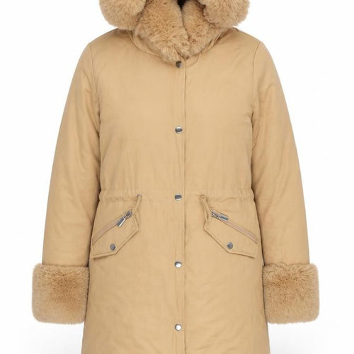 Boohoo Women’s Beige Faux Fur Trim Hooded Parka Coat Size M