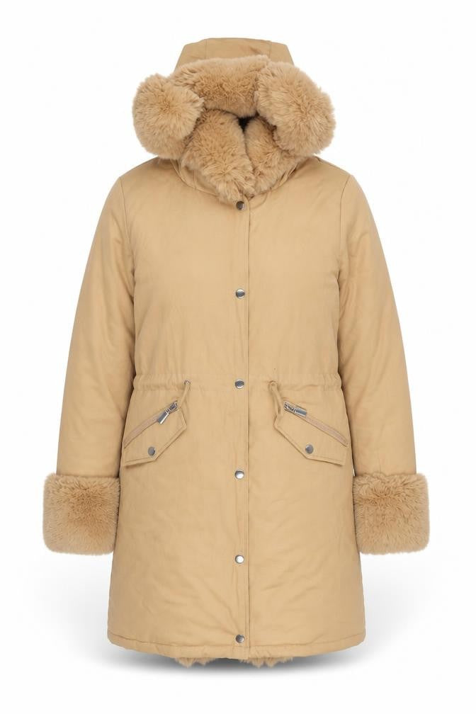 Boohoo Women’s Beige Faux Fur Trim Hooded Parka Coat Size M