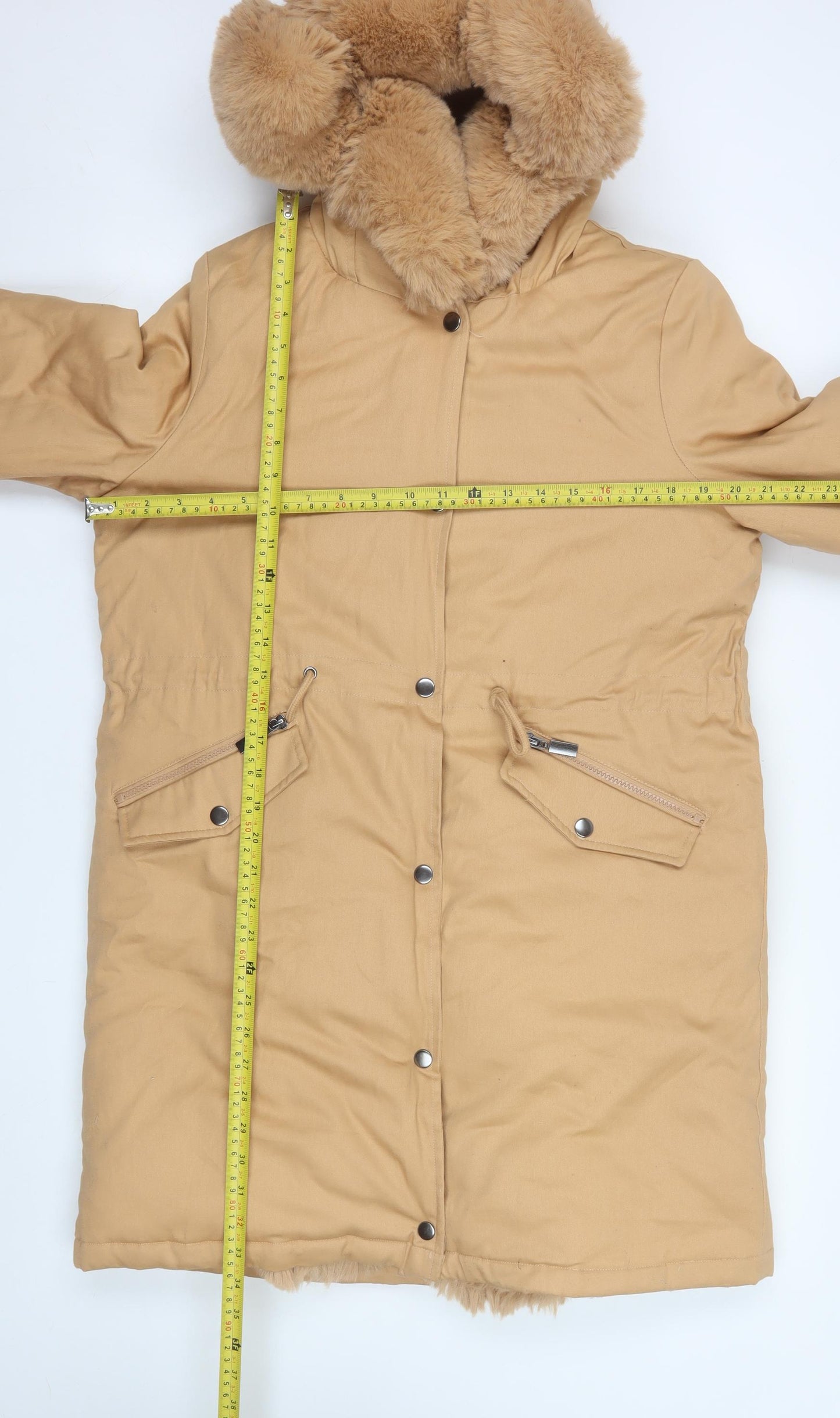 Boohoo Women’s Beige Faux Fur Trim Hooded Parka Coat Size M