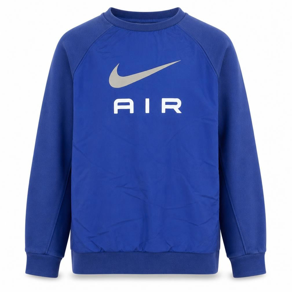 Front view of Nike boys’ blue xl crew neck pullover sweatshirt with logo print