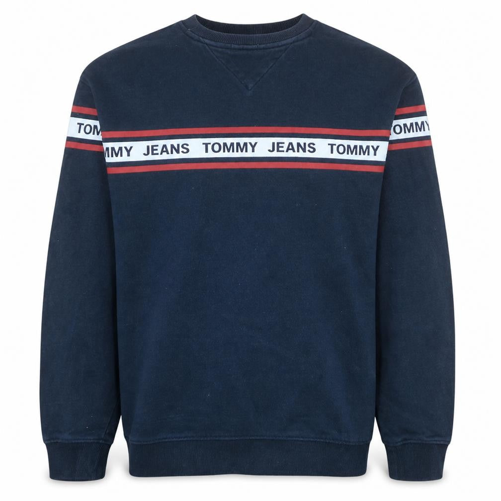 Front view of Tommy Jeans Men's Blue XS Relaxed Fit Logo Sweatshirt Pullover