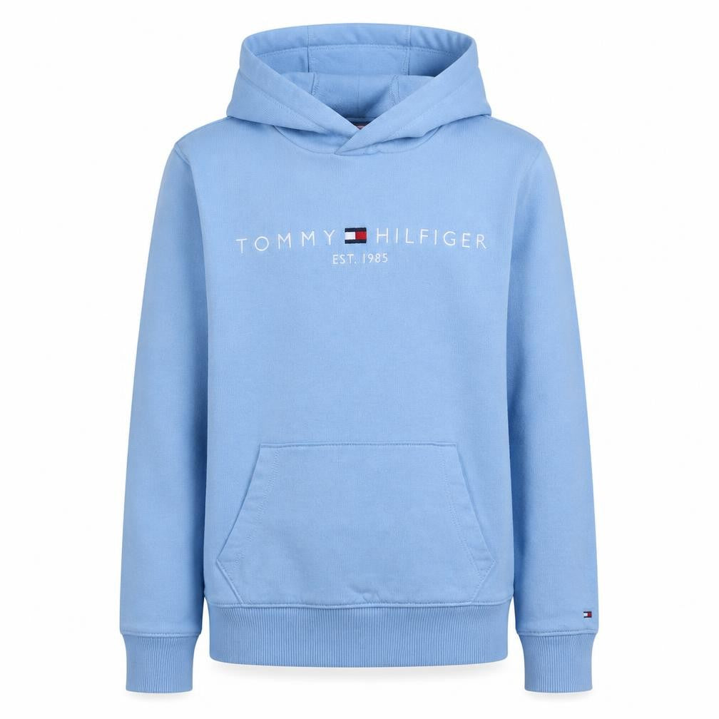 Front view of Tommy Hilfiger boys’ blue pullover hoodie, size 152, cotton logo sweatshirt