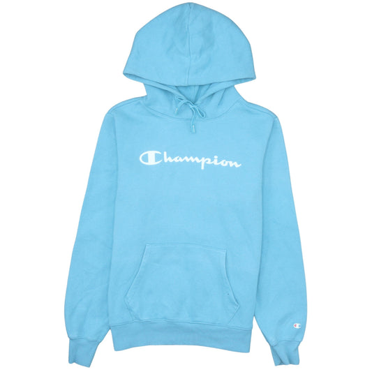 Champion Women Blue Pullover Hoodie L Logo Print Cotton Blend