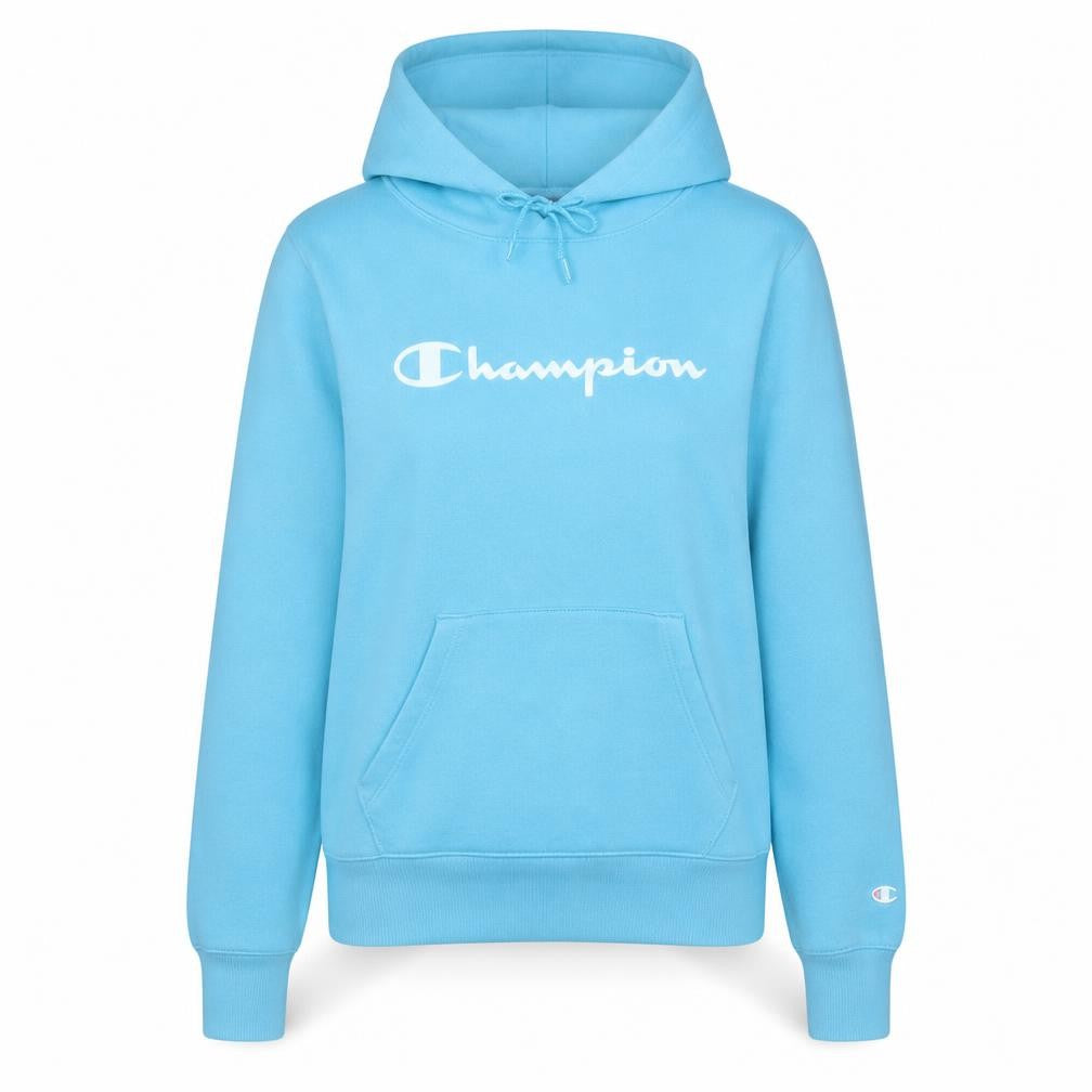 Front view of Champion Women Blue Pullover Hoodie L Logo Print Cotton Blend