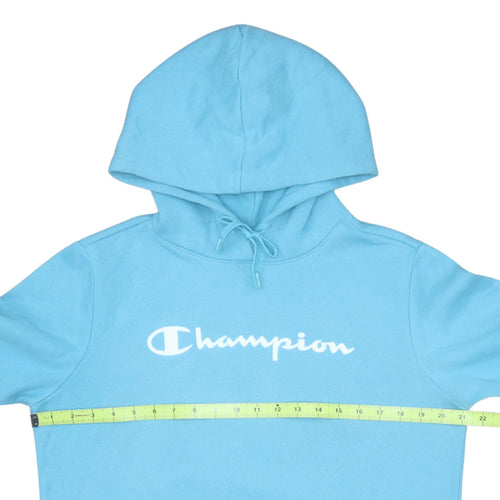 Champion Women Blue Pullover Hoodie L Logo Print Cotton Blend