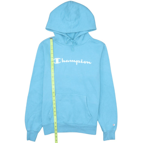 Champion Women Blue Pullover Hoodie L Logo Print Cotton Blend