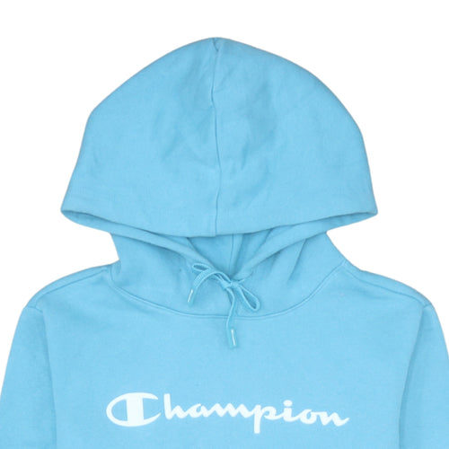 Champion Women Blue Pullover Hoodie L Logo Print Cotton Blend