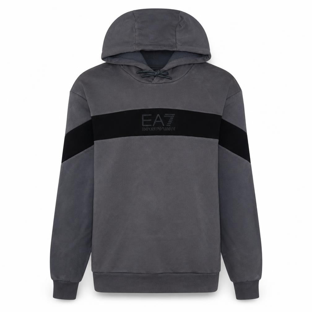 Front view of Emporio Armani EA7 Men's Grey Pullover Hoodie, size S, Designer Logo