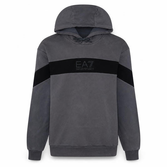 Front view of Emporio Armani EA7 Men's Grey Pullover Hoodie, size S, Designer Logo