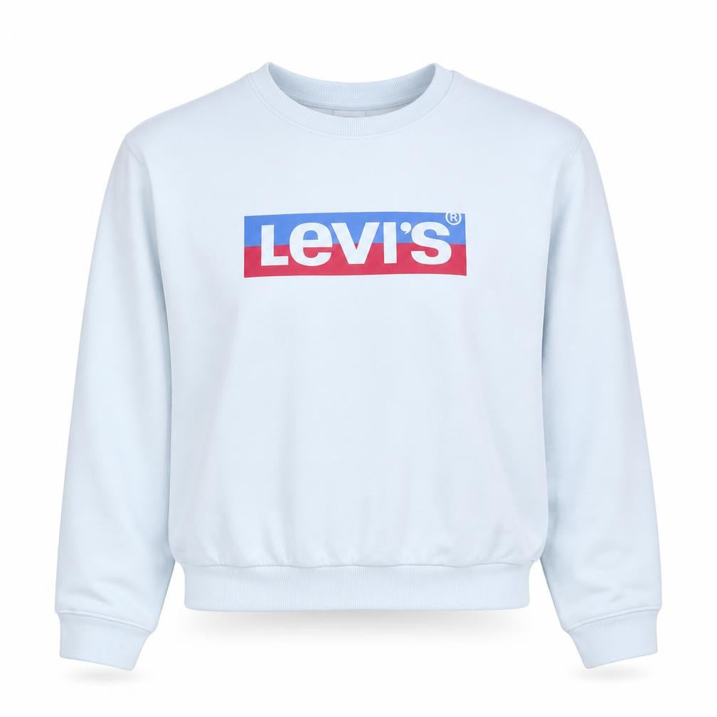 Front view of Levi's Women's White Logo Crew Neck Pullover Sweatshirt, size S