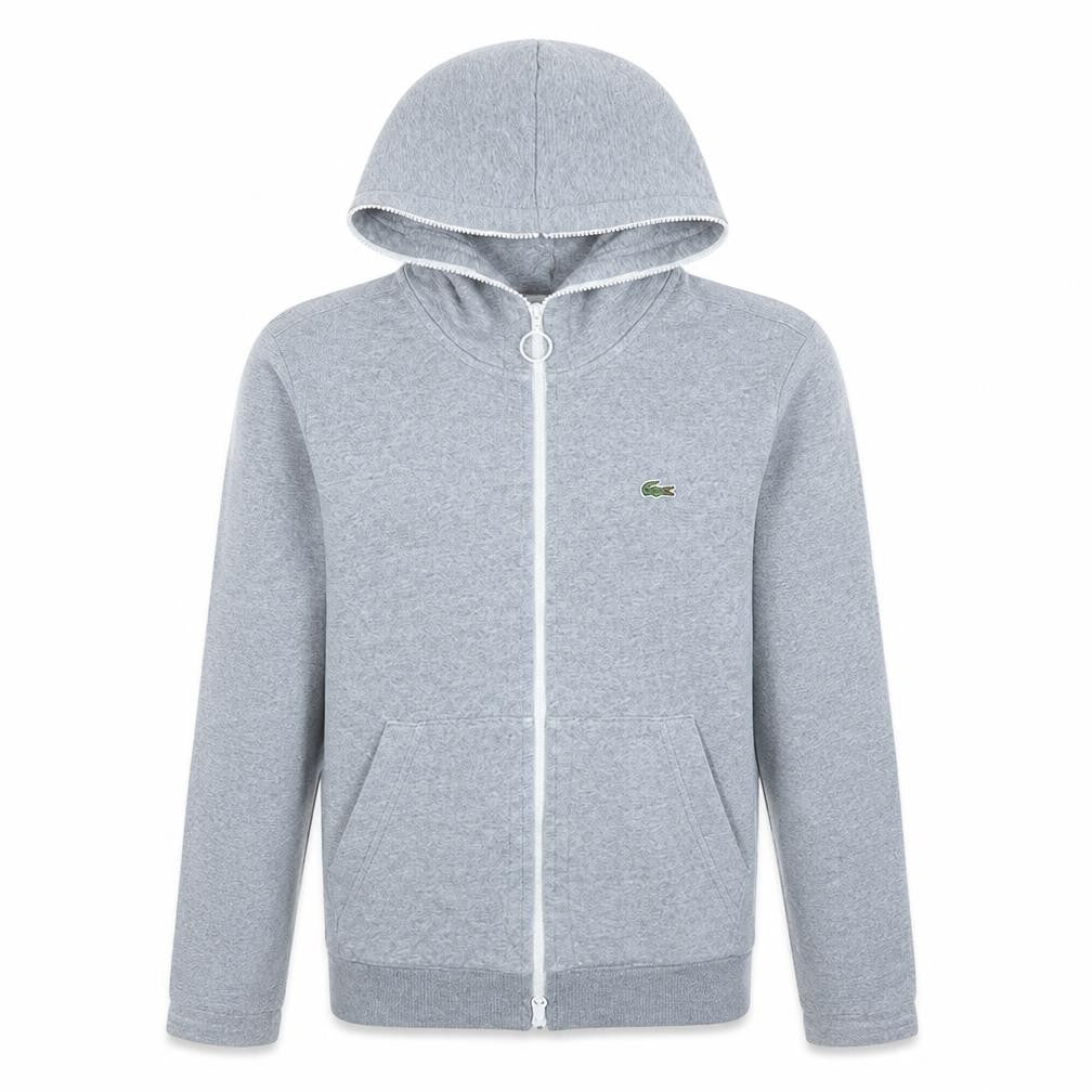 Front view of Lacoste Live men’s grey full zip cotton hoodie, size S