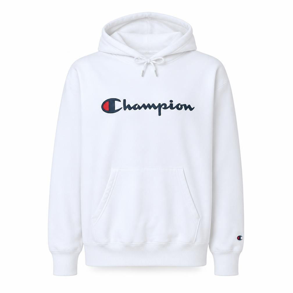 Front view of Champion Men's White Pullover Hoodie, size L, Cotton Sportswear