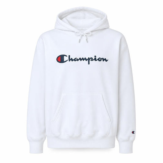 Front view of Champion Men's White Pullover Hoodie, size L, Cotton Sportswear