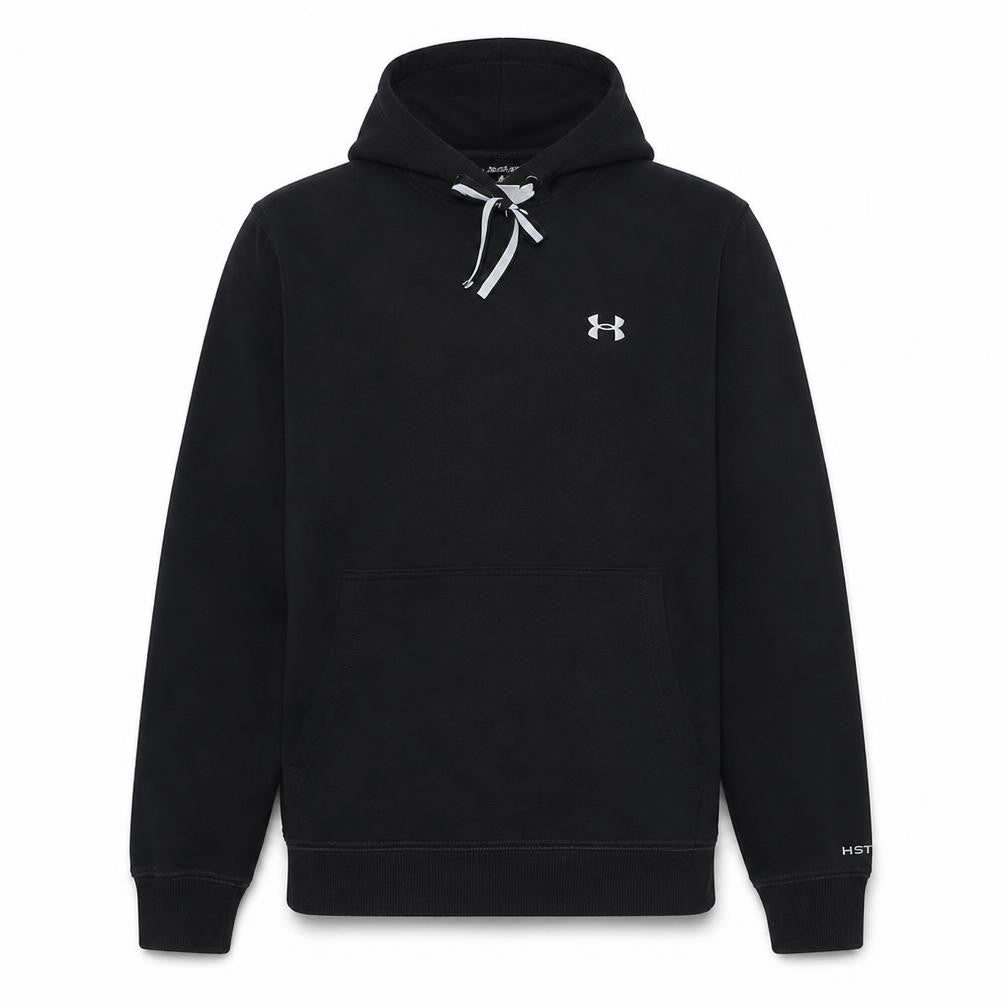Front view of Under Armour Men's Black Pullover Hoodie, size M, Fleece Logo