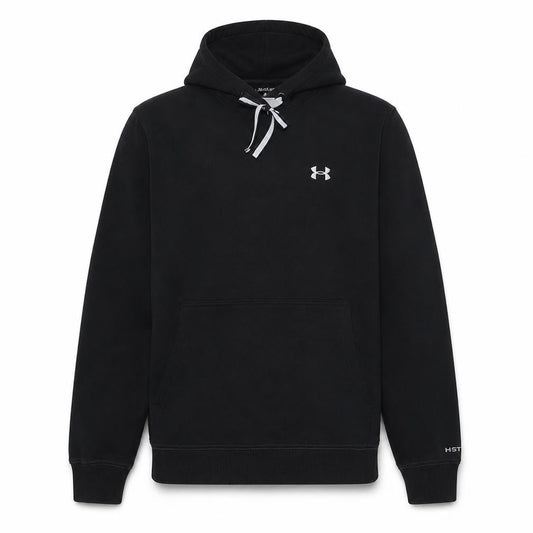Front view of Under Armour Men's Black Pullover Hoodie, size M, Fleece Logo