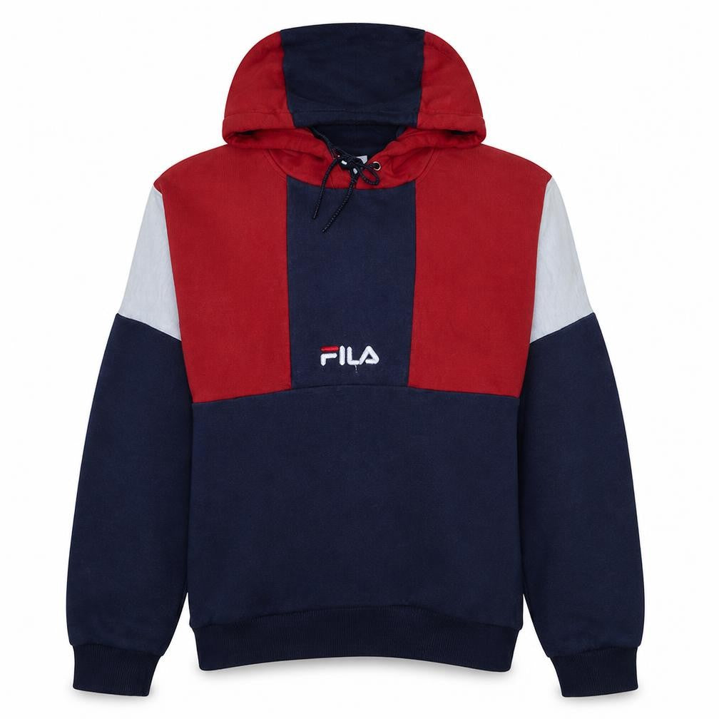 Front view of Fila Women’s Navy Red Colourblock Pullover Hoodie M