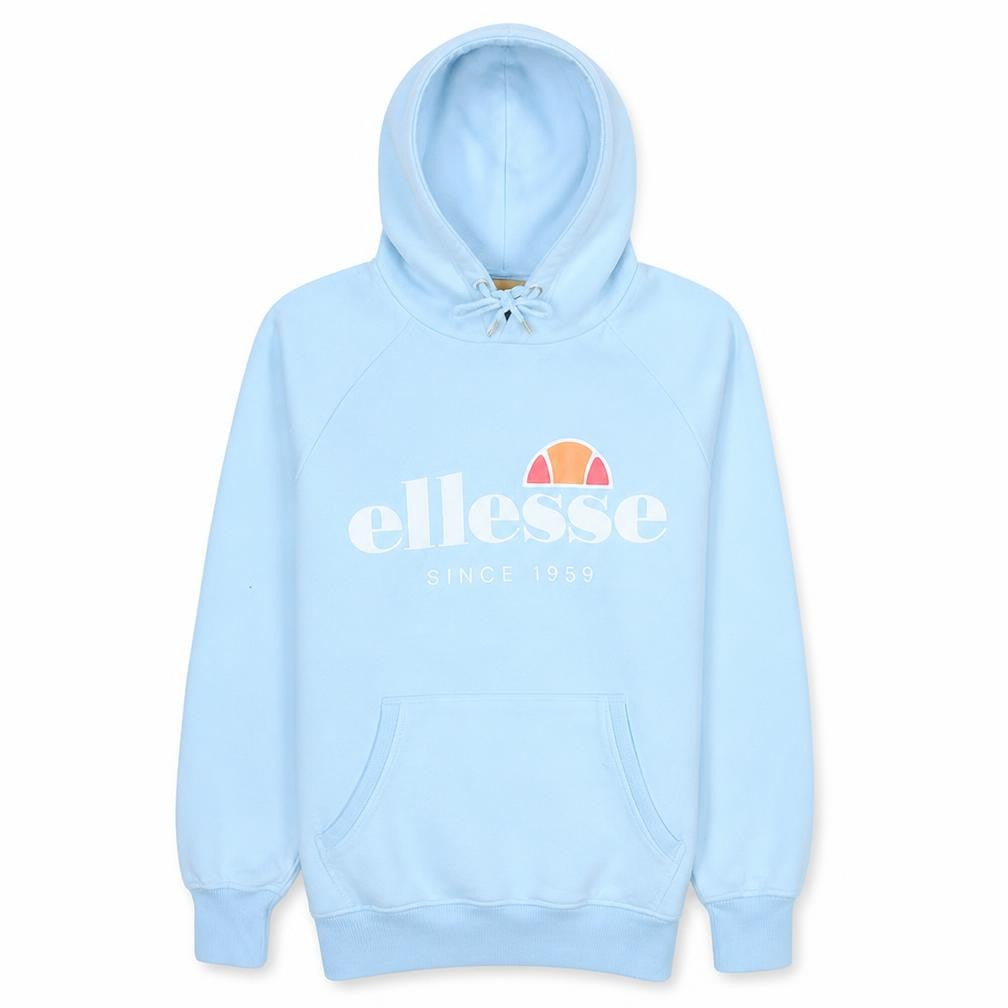 Front view of Ellesse women’s light blue pullover hoodie xs cotton blend