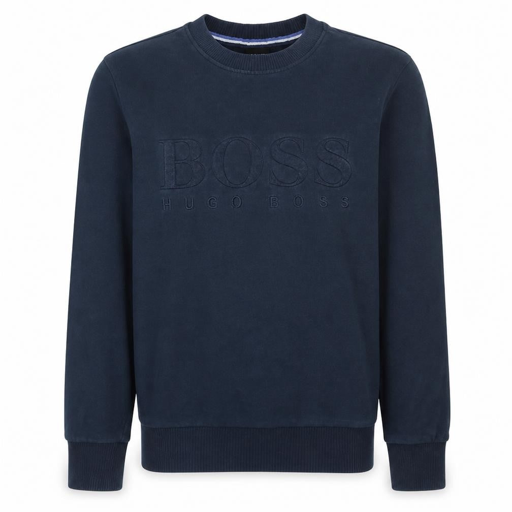 Front view of Hugo Boss men’s blue crew neck logo sweatshirt, size M
