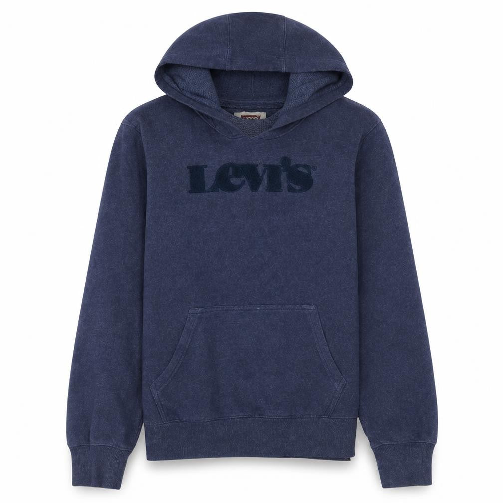 Front view of Levi's boys’ blue pullover hoodie 14 years logo fleece sweatshirt