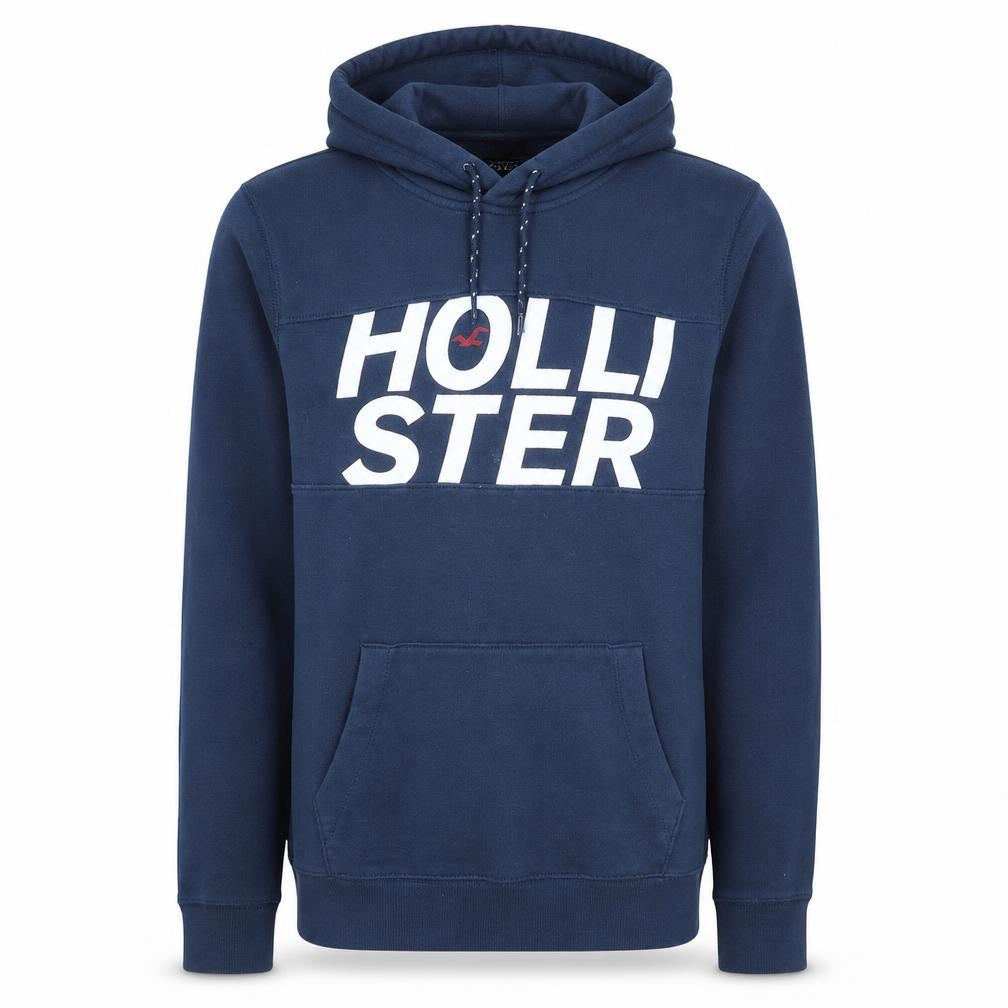 Front view of Hollister Men Blue Pullover Hoodie Fleece Medium Logo Print
