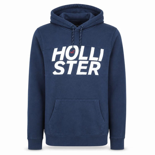 Front view of Hollister Men Blue Pullover Hoodie Fleece Medium Logo Print